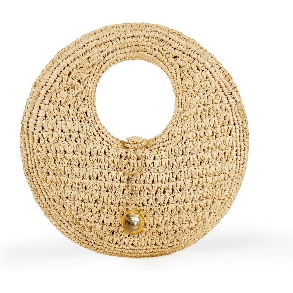 Woven Straw Beach Bag Natural Raffia Large Round Boho Chic Tote Purse